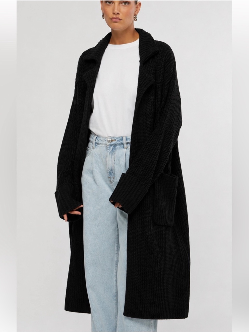 WEWOREWHAT Collar Coatigan Duster Cardigan Sweater Small/Medium Black 0183